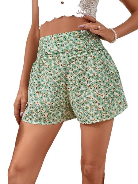 

ditsy floral print ruched shirred shorts l8vt#, White;black