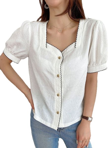 

dazy floral jacquard sweetheart neck puff sleeve blouse t7hi#, White