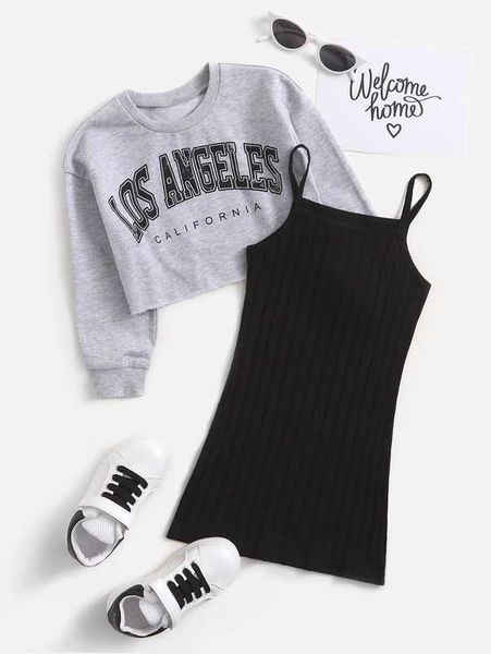 

toddler girls letter graphic pullover & ribbed knit cami dress she, White