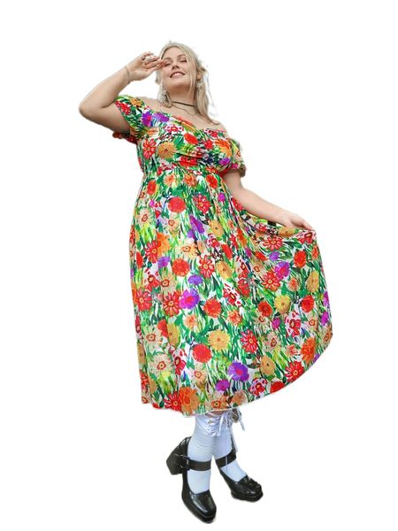 

fairy grunge plus allover floral print cold shoulder ruched dress c1sn#, Black