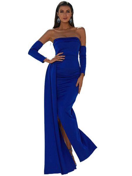 

missord draped split thigh satin tube dress & arm sleeves y1ew#, Black;gray