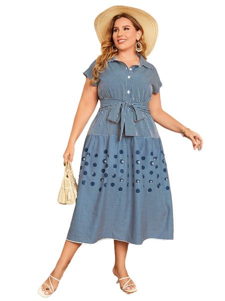 

plus striped & polka dot print dolman sleeve belted shirt dress p817#, Black