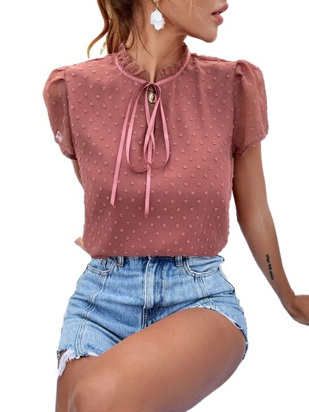 

swiss dot puff sleeve tie neck blouse i5sd#, White