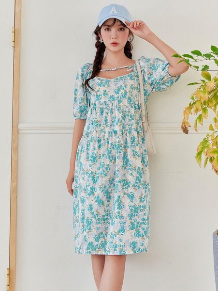 

dazy allover floral print smock dress c80t#, Black;gray