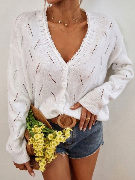 

guipure lace trim pointelle knit drop shoulder cardigan a0zp#, White;black
