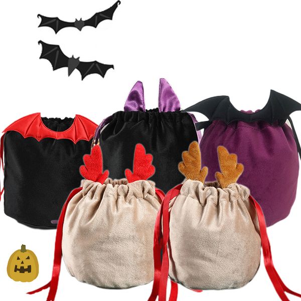 Halloween Velvet Pumpkin Bag Favor Bat Candy Bags Trick ou Treat Basket Bellers Bolsa de embalagem de presentes com corda Decoração fofa do festival