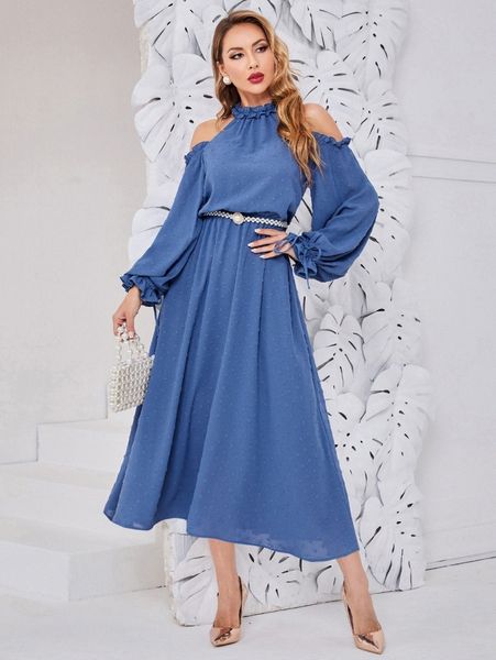 

swiss dot frilled cold shoulder flounce sleeve dress without belt 43cx#, Black;gray