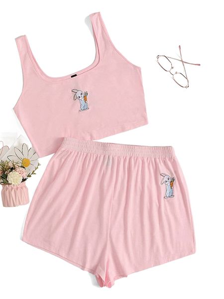 

plus rabbit embroidery tank and shorts pajama set y7zt#, Black;white