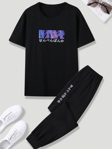 

men japanese letter & hands print tee & sweatpants g1ub#, Gray