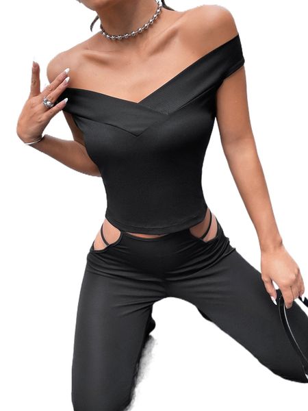 

off shoulder ribbed knit x7pk#, White