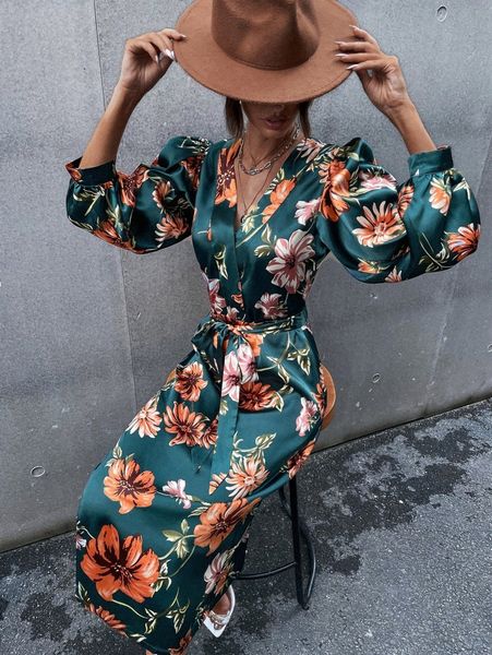 

satin floral print surplice front belted dress f1pg#, Black;gray