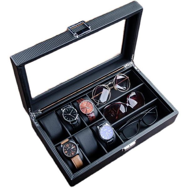 Caspe d'oro Case Black Colore 6 Grids Box Organizer per donne in pelle in fibra di carbonio 3 occhiali da sole