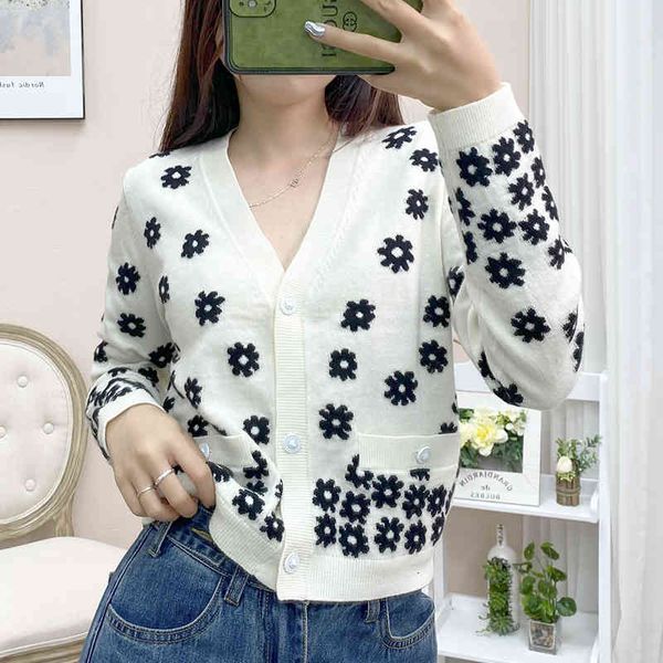 

women's knits & tees xiaoxiangfeng cashmere sweater cardigan daisy jacquard jacket flower v-neck long sleeve 2022 knitted 1zo7, White