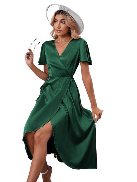 

solid flounce sleeve wrap dress c3ku#, Black;gray