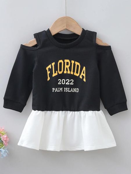 

baby letter graphic cold shoulder ruffle hem sweatshirt dress she, Black