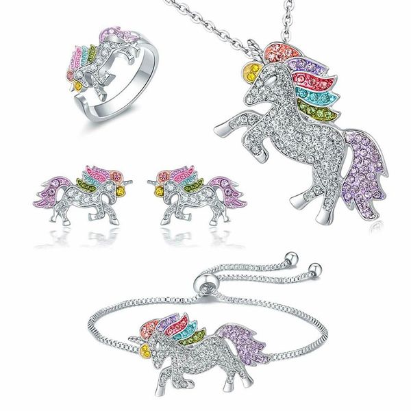 Kristall-Einhorn-Schmuck-Set, niedliches Regenbogen-Pferd, Gold-Silber-Farbe, Halskette, Armband, Ringe, Ohrringe, für Frauen und Mädchen, Geschenk