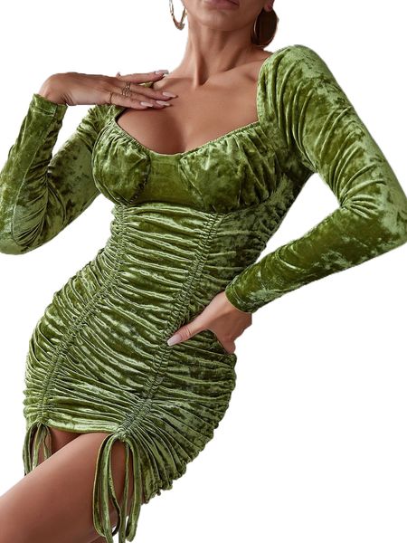 

double crazy sweetheart neck drawstring ruched velvet bodycon dress v3d8#, Black;gray