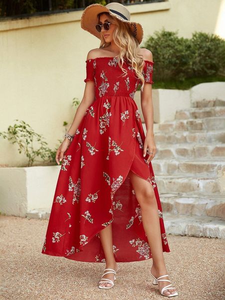 

floral print shirred bodice wrap bardot dress r8d3#, Black;gray