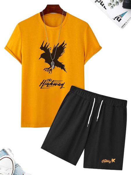 

men eagle & letter graphic tee & drawstring waist shorts f8ul#, Gray