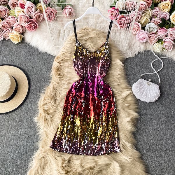 

women casual dresses sequined dress chic night club strap summer super shiny sleeveless o-neck beach dress ins 2022, Black;gray