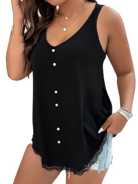 

plus contrast lace button front tank f7v2#, Black
