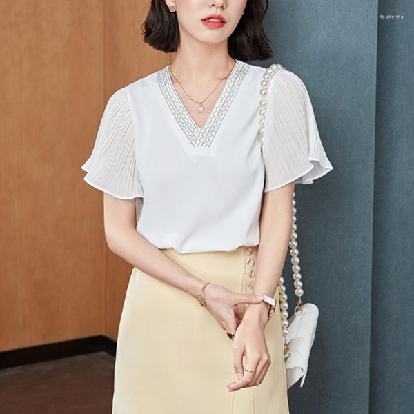 

women's blouses & shirts womens and v-neck chiffon shirt ruffled 2022 summer fashion short sleeve blusas mujer de moda verano, White