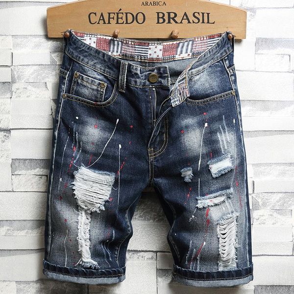 

men's jeans men summer hole ripped denim short casual knee length distressed jean breeches graphic stacked pantalon moto homme, Blue