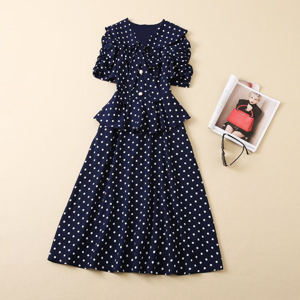 2022 outono de outono manga curta pan pan pescoço azul retro polka ponto fita tize tigelo com painéis mid -ff vestidos elegantes vestidos casuais 22G032346