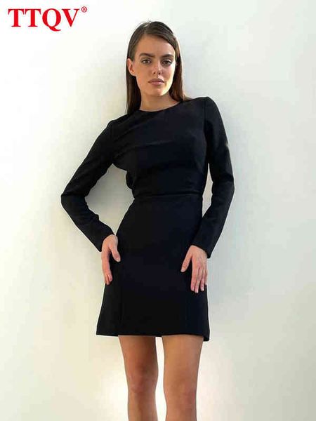 

ttqv fashion black mini dress lady autumn o-neck long sleeve bodyocn dress elegant slim classic backless dresses for women t220804, Black;gray