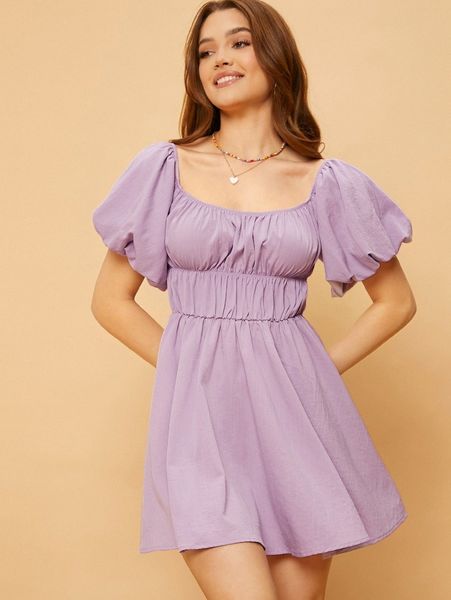 

ruched puff sleeve a-line dress w5lt#, Black;gray