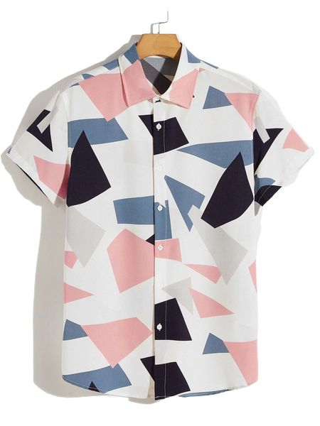 

men color block geo print shirt s2t6#, White;black