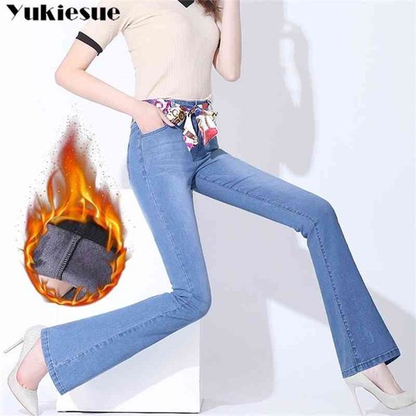 

women clothing winter plus thick velvet high waist jeans for women denim trousers woman fleece winter warm flare pants 210412, Blue
