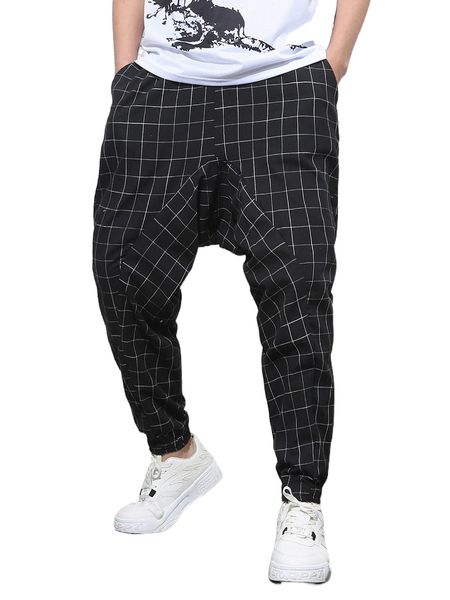 

men grid print drawstring waist drop crotch pants 02li#, Black