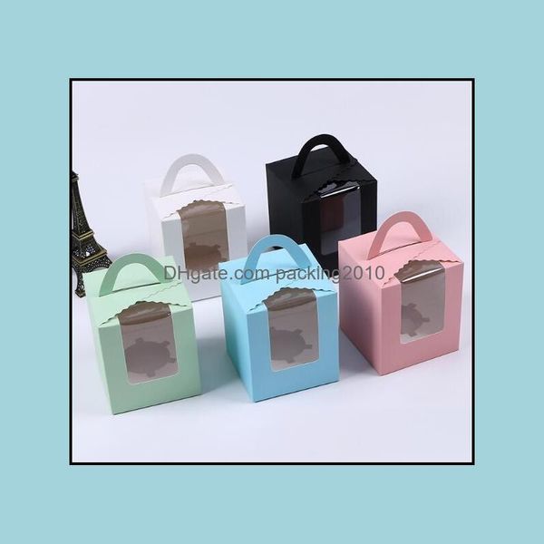 Einzelne Cupcake-Boxen mit durchsichtigem Fenstergriff, tragbare Aron-Box, Mousse-Kuchen, Snack-Papierpaket, Geburtstagsparty-Versorgung, Drop-Lieferung, 2021 Pac