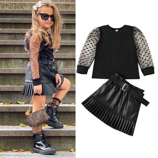 

2-7y baby girls clothes set summer fall children mesh puff sleeve and pu leather pleated skirt fashion kids outfits, White