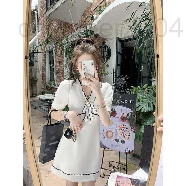 

casual dresses designer fish rabbit's rabbit contrast color small fragrance dress summer temperament waist a-shaped skirt 2022 new v-ne, Black;gray