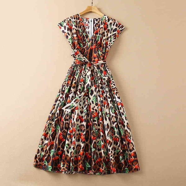

casual dresses cotton dress women's 2022 summer leopard red cherry print v-neck high waist nfn5, Black;gray