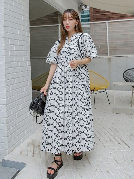 

dazy allover print notched neck lantern sleeve smock dress j1dk#, Black;gray