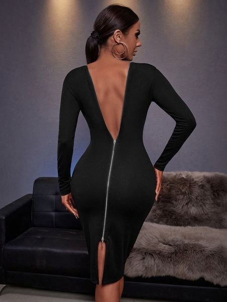 

sxy solid zipper back bodycon dress 79au#, Black;gray