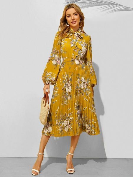 

tie neck lantern sleeve pleated floral dress b8b9#, Black;gray