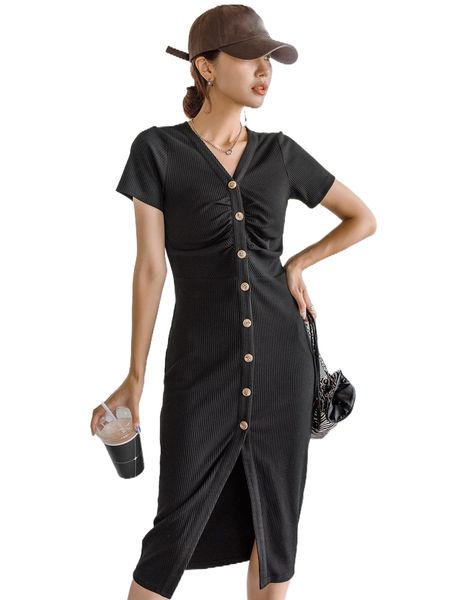 

dazy button front ruched dress p8nj#, Black;gray