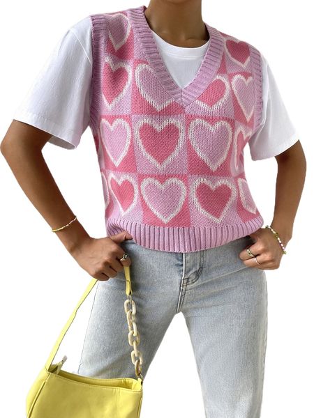 

checkered & heart pattern sweater vest without tee f8zf#, White;black