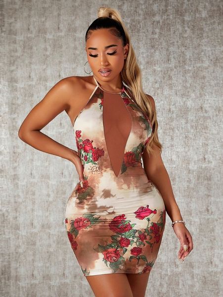 

sxy floral print contrast mesh tie backless bodycon dress u1ic#, Black;gray