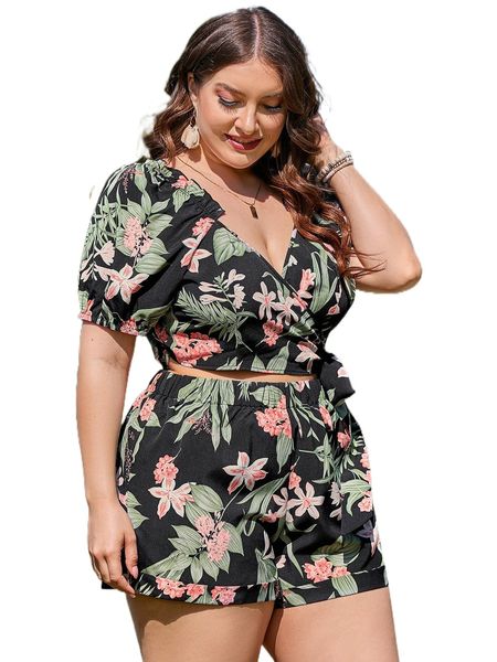 

plus floral print tie side wrap crop & shorts c0p0#, Black