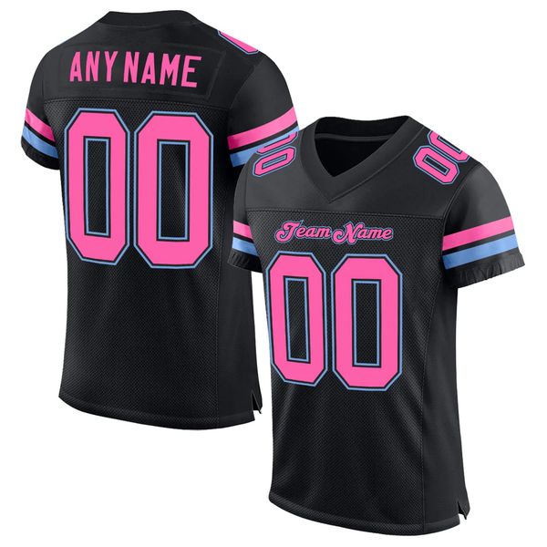 Custom Black Pink-Light Blue Mesh Jersey de futebol autêntico