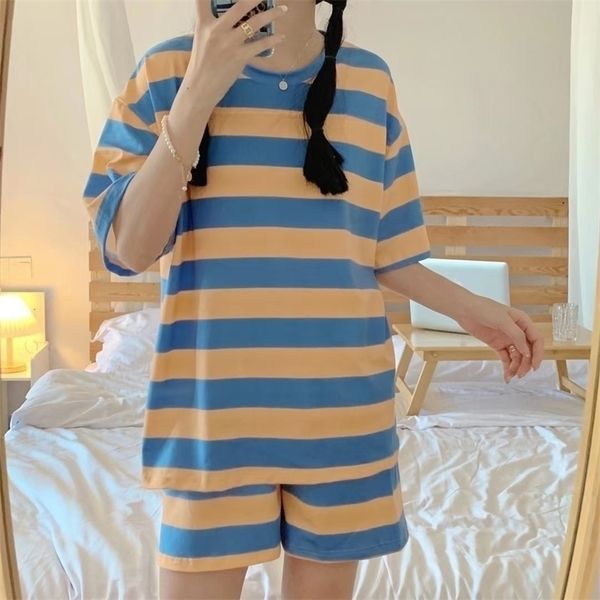 

short sleeve stripe pajamas set summer women homewear nightwear for women sleepwear set short pant youth girls tracksuit set 220520, White
