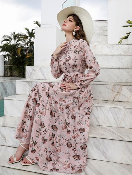 

allover floral print ruffle hem belted shirt dress f9c5#, Black;gray