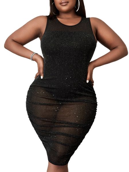 

sxy plus solid sheer sleeveless ruched mesh dress 21sp#, Black
