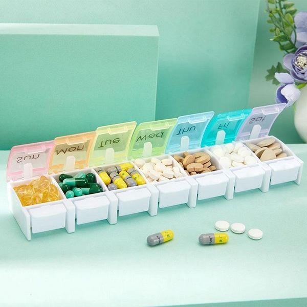 Scatole di stoccaggio per medicinali Bidoni 1 fila 7 quadrati Portapillole in plastica portatile settimanale Arcobaleno Bottone di rimbalzo Scatola per pillole 7 Grid Contenitore per tablet Contenitore personalizzabile Regalo per farmacia 0427