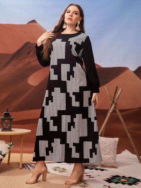 

plus geo print tunic dress y72w#, Black